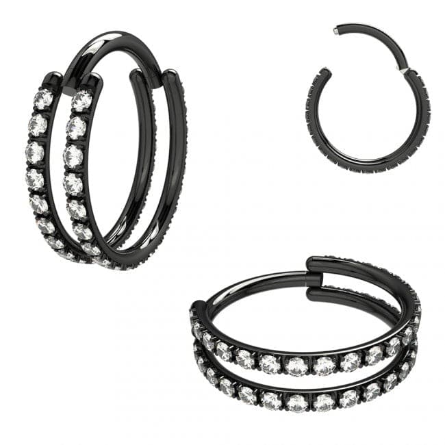 316L Surgical Steel Double Line Jewelled Hinged Segment Clicker Ring - Monster Piercing