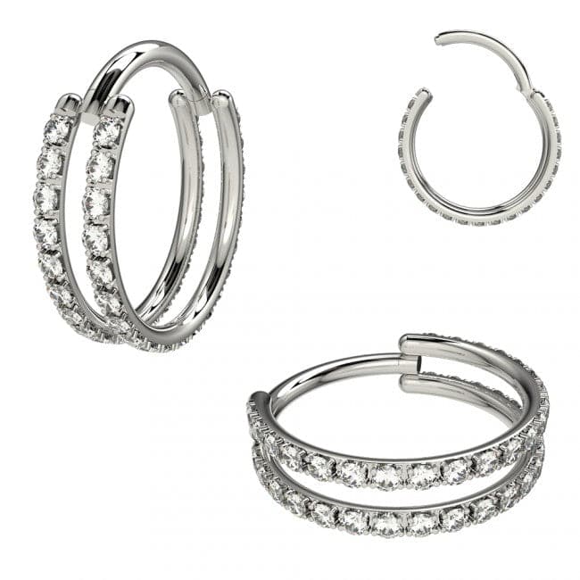 316L Surgical Steel Double Line Jewelled Hinged Segment Clicker Ring - Monster Piercing