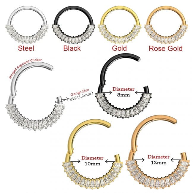 316L Surgical Steel CZ Jewelled 316L Hinged Segment Clicker Ring - Monster Piercing