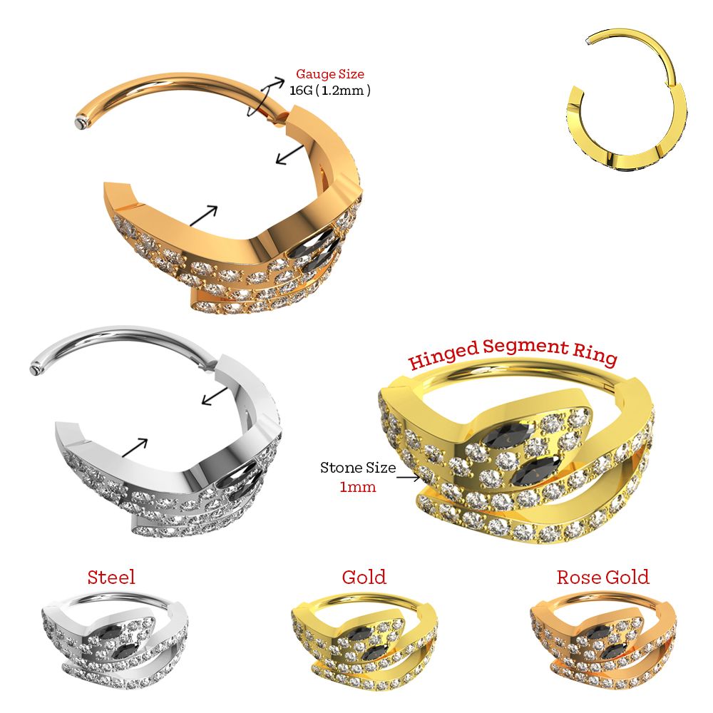 316L Surgical Steel CZ Jewelled Snake Hinged Segment Clicker - Monster Piercing