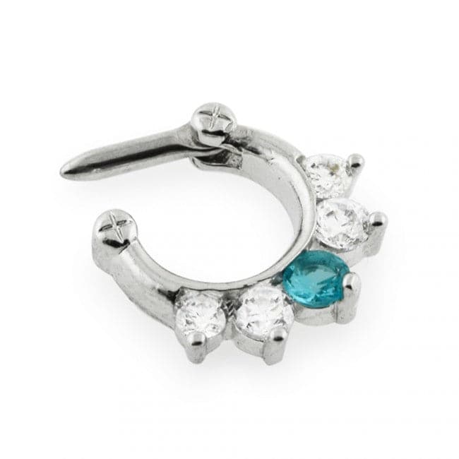 316L Surgical Steel Five Pronged White & Aqua CZs Septum Clicker Ring - Monster Piercing