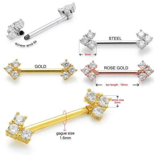 Tri Jewelled Arrow CZ Nipple Piercing Bar - Monster Piercing