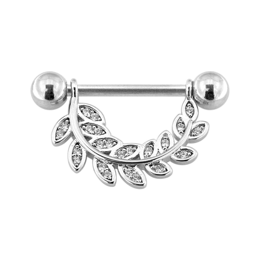 316L Surgical Steel Micro Jewelled Floral Leaf Nipple Bar - Monster Piercing