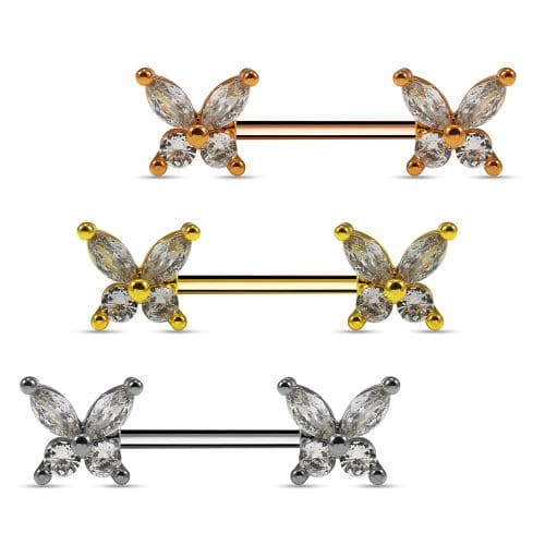 316L Surgical Steel Butterfly Jewelled Nipple Bar - Monster Piercing