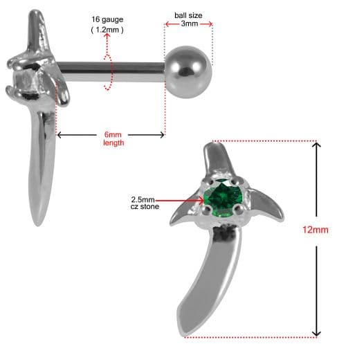 925 Sterling Silver Sword CZ Jewelled Cartilage Ear Stud - Monster Piercing