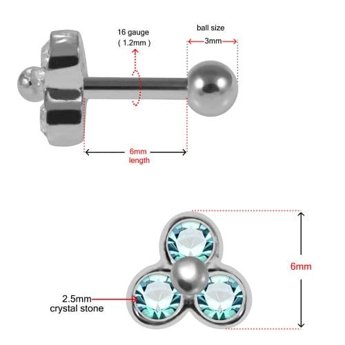 925 Sterling Silver Trinity CZ Jewelled Cartilage Ear Stud - Monster Piercing