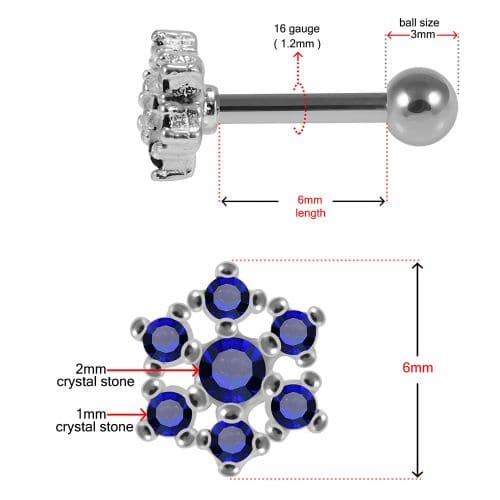 925 Sterling Silver Snowflake CZ Jewelled Cartilage Tragus Piercing Ear Stud - Monster Piercing