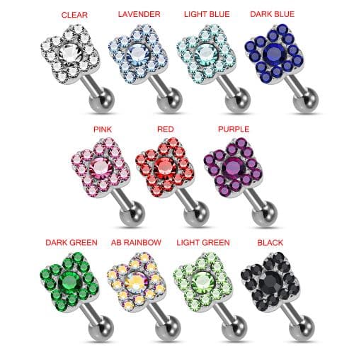 925 Sterling Silver Square Flower CZ Jewelled Cartilage Ear Stud - Monster Piercing