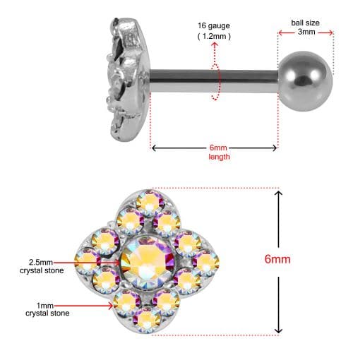 925 Sterling Silver Square Flower CZ Jewelled Cartilage Ear Stud - Monster Piercing