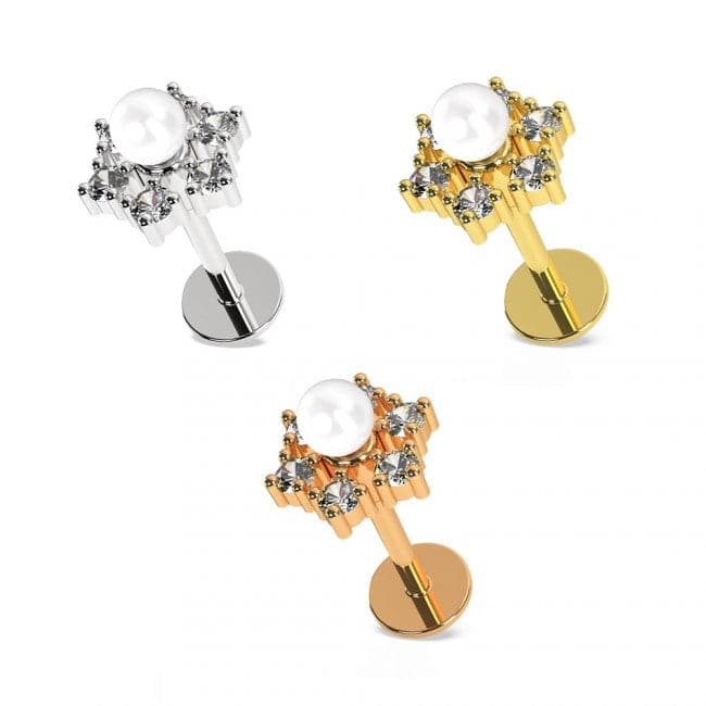 316L Surgical Steel Star with Pearl Flat-Back Cartilage Ear Stud - Monster Piercing