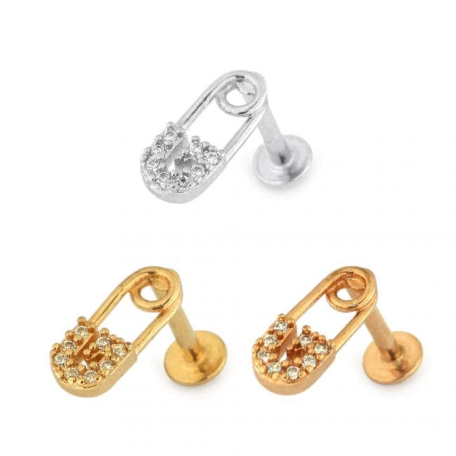 316L Surgical Steel Jewelled Safety Pin Flat-Back Cartilage Ear Stud - Monster Piercing