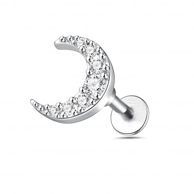 316L Surgical Steel Jewelled Crescent Moon Flat Back Labret Cartilage Helix Tragus Piercing Ear Stud - Monster Piercing