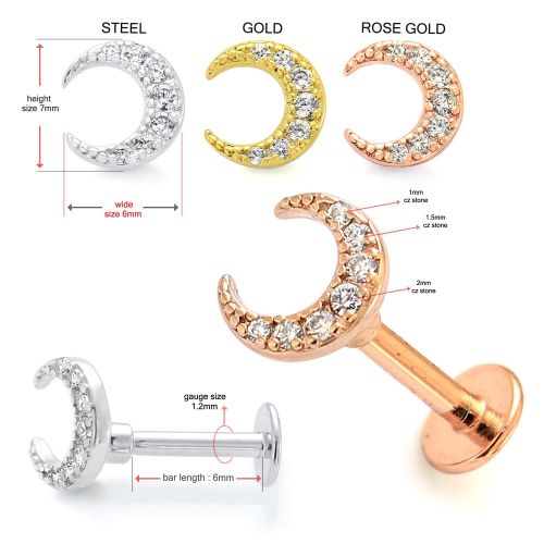 316L Surgical Steel Jewelled Crescent Moon Flat Back Labret Cartilage Helix Tragus Piercing Ear Stud - Monster Piercing