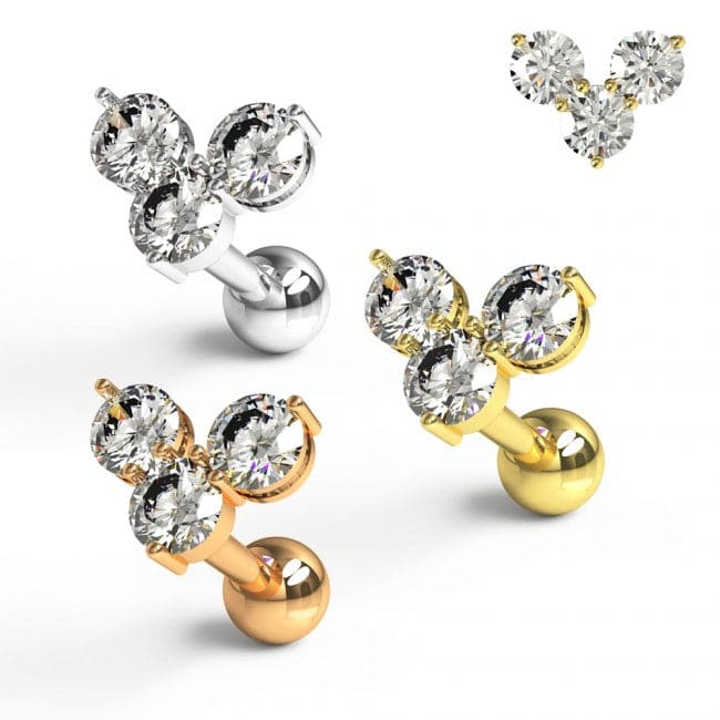 316L Surgical Steel Trinity Round Jewelled Flat-Back Cartilage Ear Stud - Monster Piercing