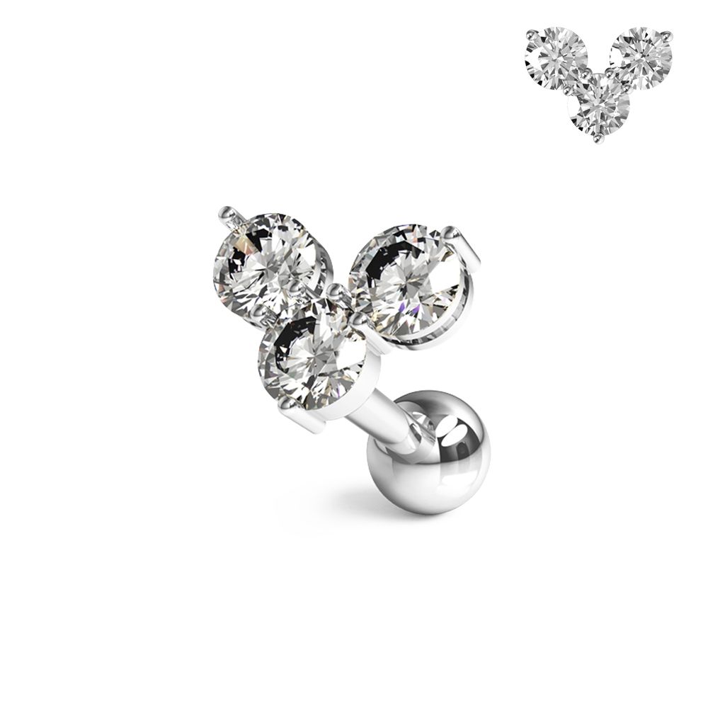 316L Surgical Steel Trinity Round Jewelled Flat-Back Cartilage Ear Stud - Monster Piercing