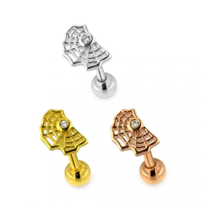 316L Surgical Steel Tiny Jewelled Spider Web Flat-Back Cartilage Ear Stud - Monster Piercing