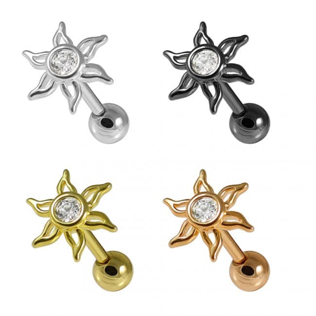 316L Surgical Steel Jewelled Sun Flat-Back Cartilage Ear Stud - Monster Piercing