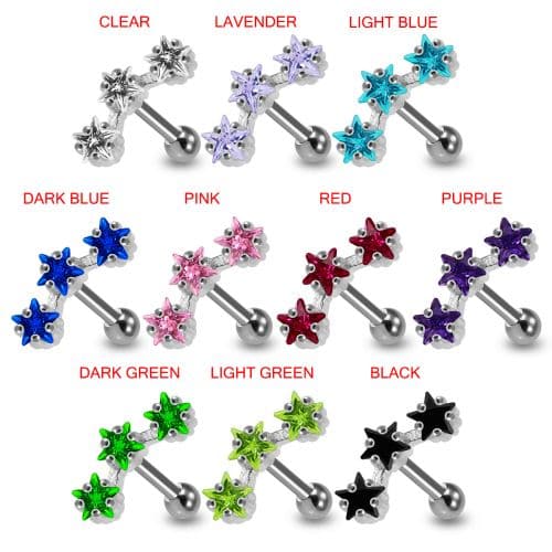 925 Sterling Silver Tri-Star Jewelled Cartilage Ear Stud - Monster Piercing