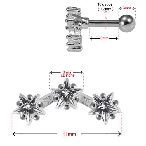 925 Sterling Silver Tri-Star Jewelled Cartilage Ear Stud - Monster Piercing